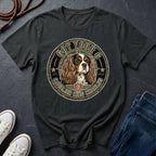 Cavalier King Charles Spaniel Got Your 6 t-shirt design featuring a distressed tactical badge with a Cavalier portrait and "Got Your 6" military stencil text on a Comfort Colors tee