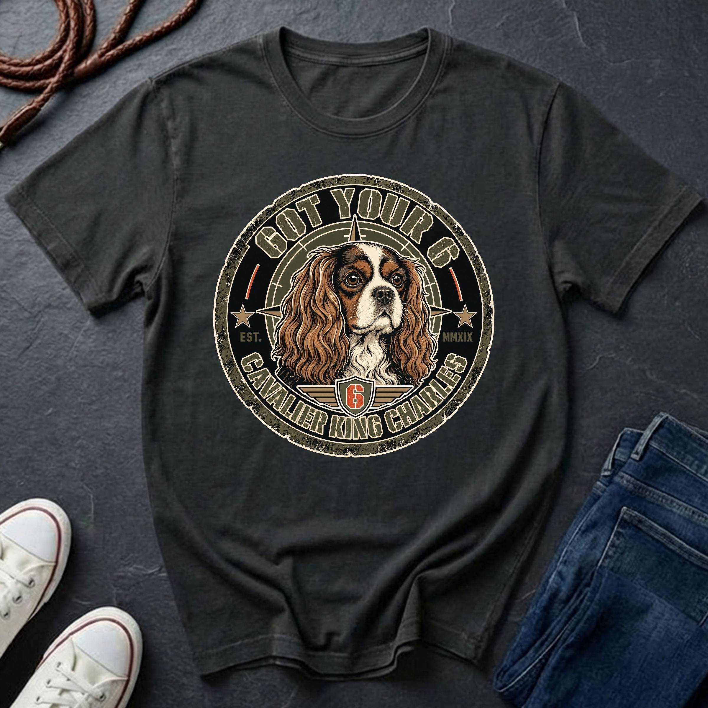 Cavalier King Charles Spaniel Got Your 6 t-shirt design featuring a distressed tactical badge with a Cavalier portrait and "Got Your 6" military stencil text on a Comfort Colors tee