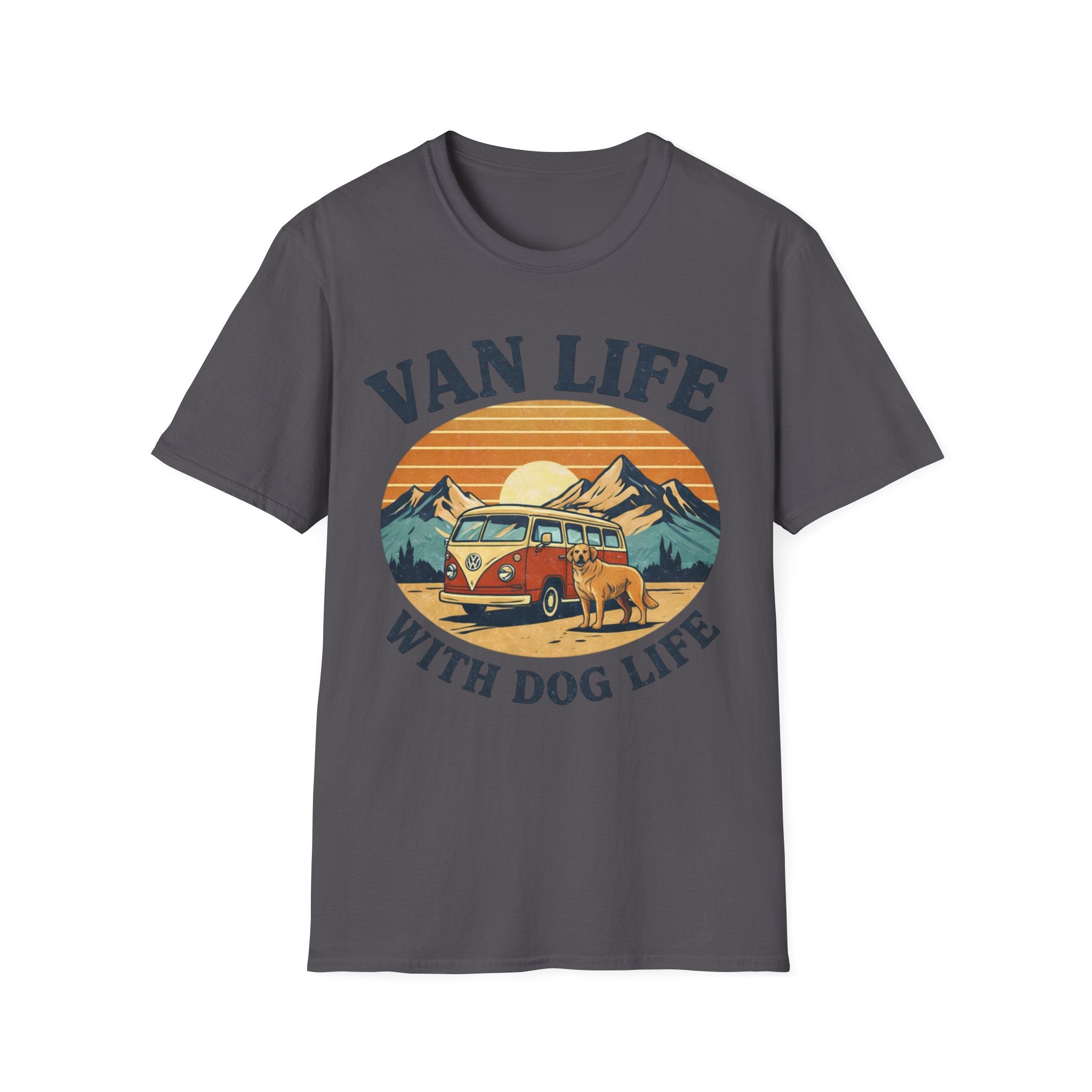 Van Life with Dog Life T-Shirt — Retro Camper & Mountain Dog Adventure Tee