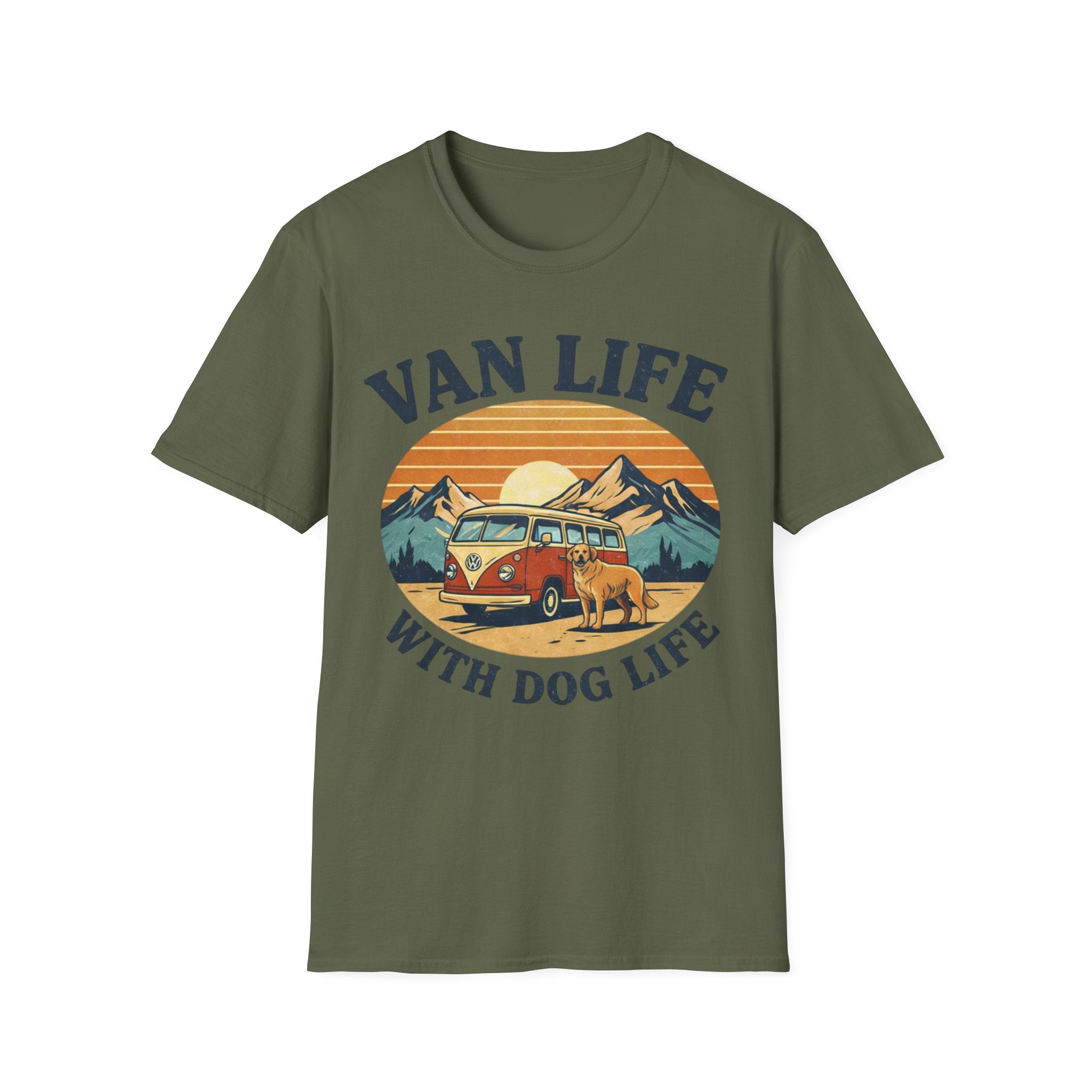 Van Life with Dog Life T-Shirt — Retro Camper & Mountain Dog Adventure Tee